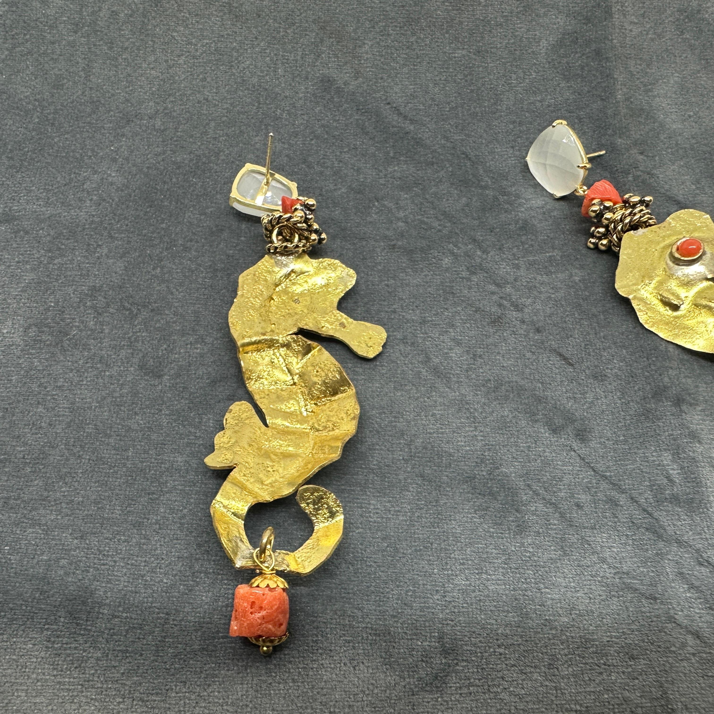 21st century Hammered Brass and Mediterranean Coral Seahorse Dangle Earrings For Sale 2