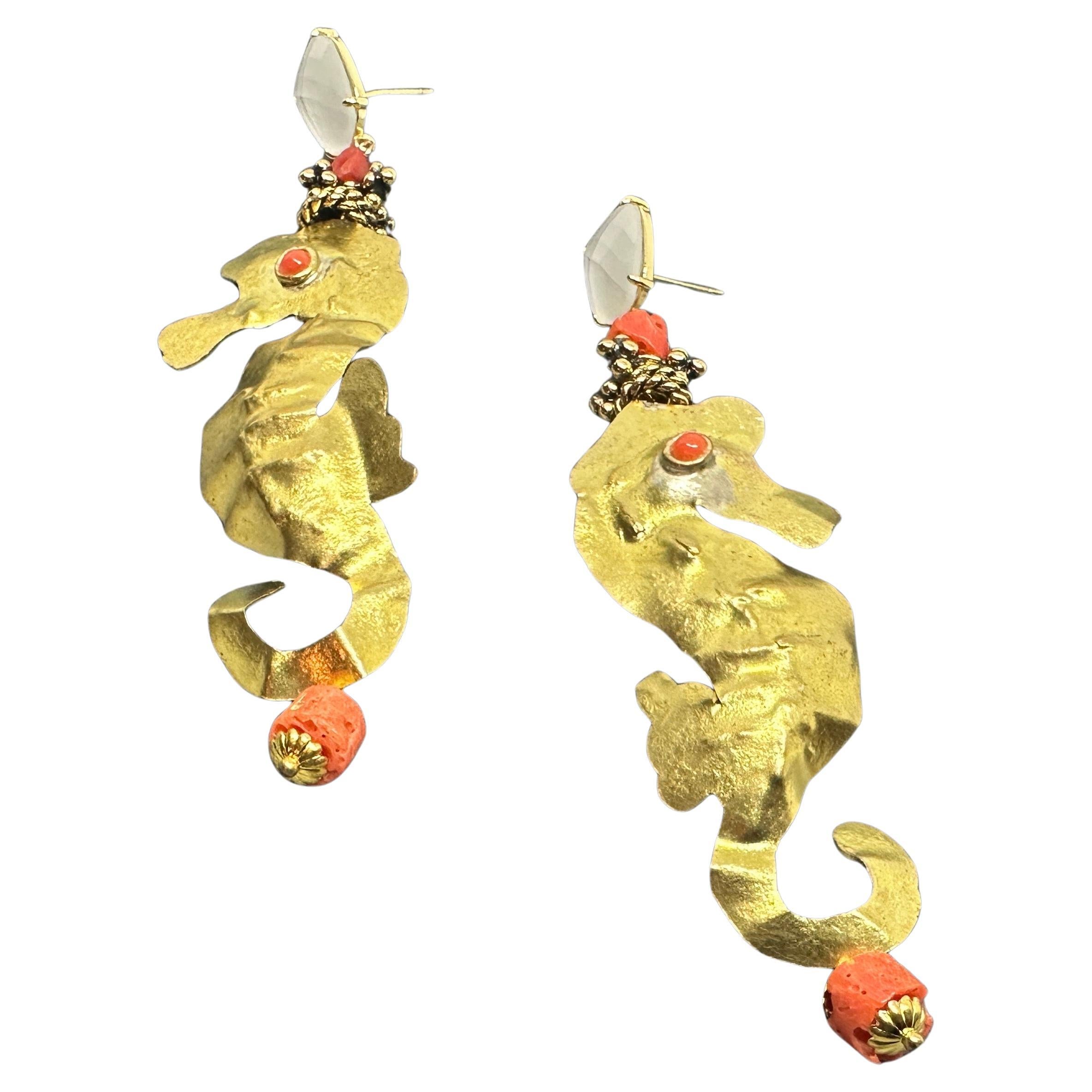 21st century Hammered Brass and Mediterranean Coral Seahorse Dangle Earrings For Sale