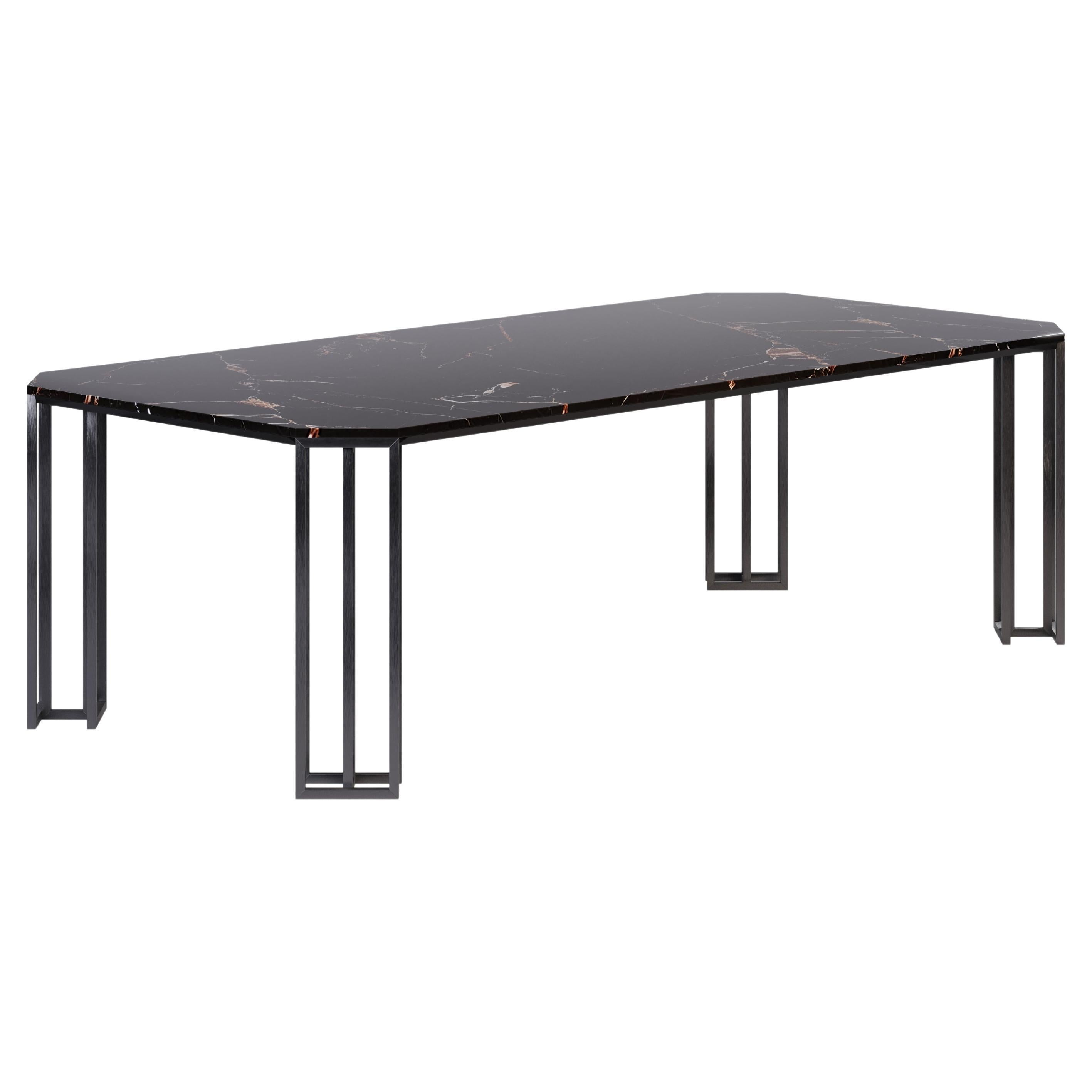 Table de salle à manger Hancock du 21e siècle en marbre et métal brossé Gun Metal en vente