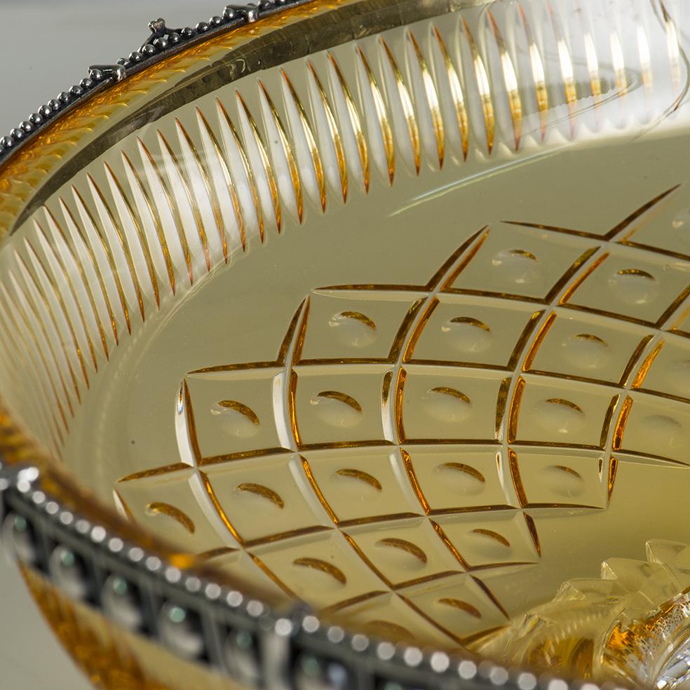 Italian 21st Century, Hand-Carved Amber -clear Crystal and silver bowl in classic style  For Sale