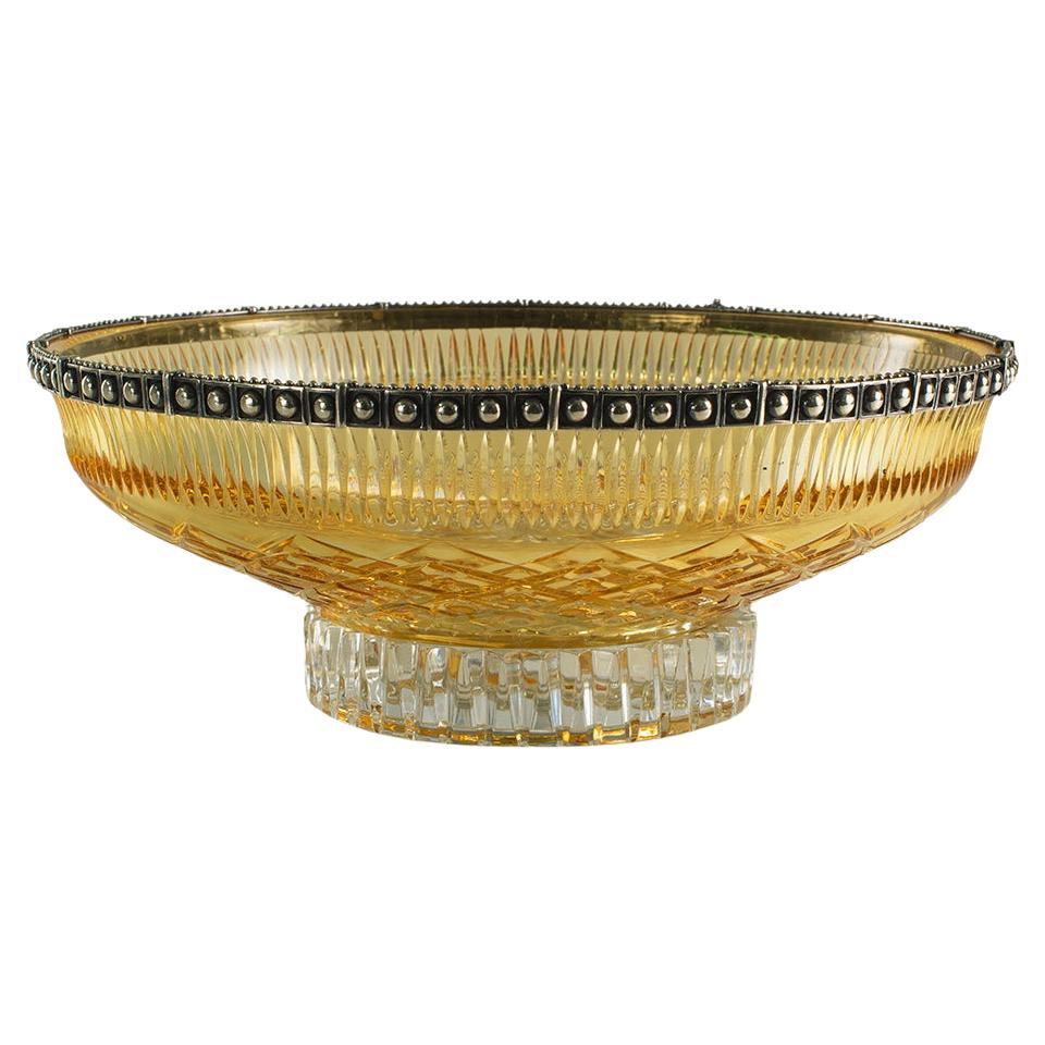 21st Century, Hand-Carved Amber -clear Crystal and silver bowl in classic style 