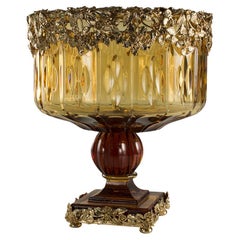 21st Century, Hand-Carved Amber Crystal and Golden Bronze Bowl in Classic Style