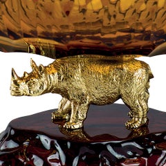 21st Century, Hand-Carved Amber Crystal and Golden Bronze Bowl with Rhinoceros