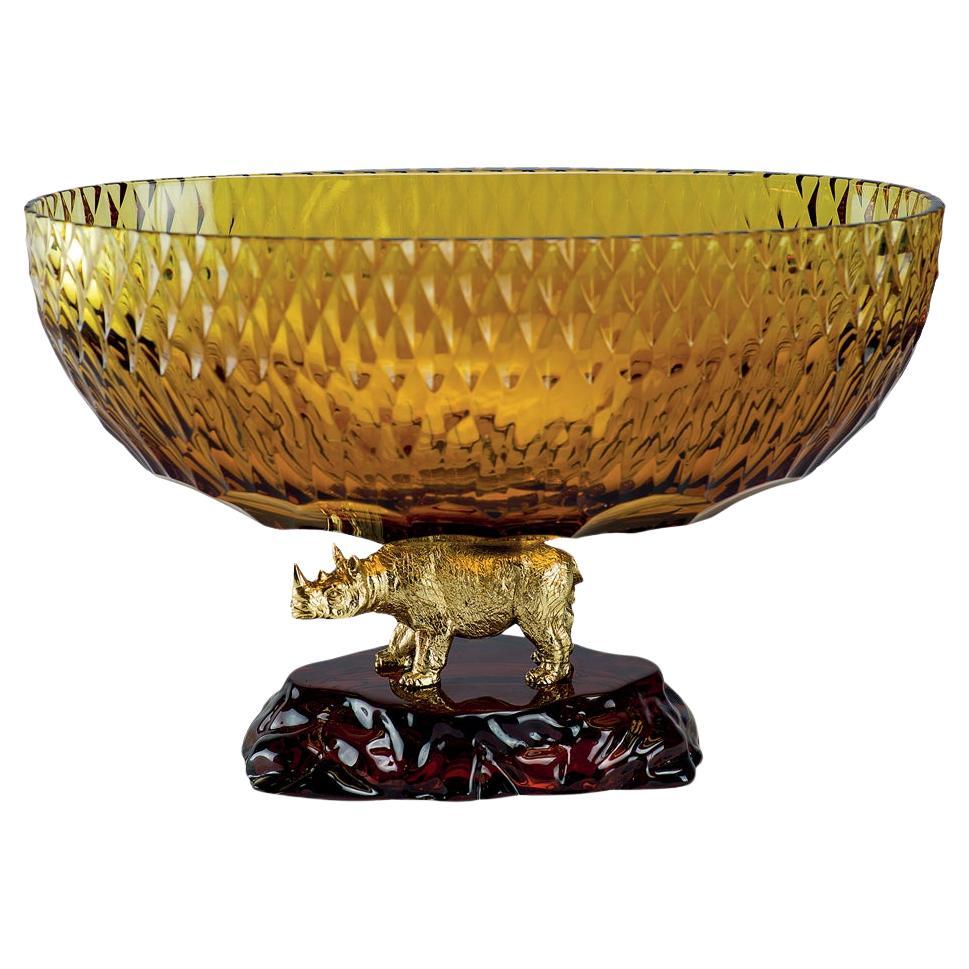 21st Century, Hand-Carved Amber Crystal and Golden Bronze Bowl with Rhinoceros For Sale