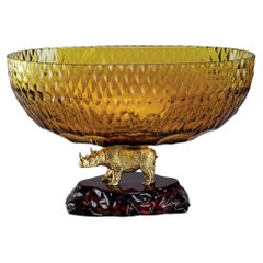 21st Century, Hand-Carved Amber Crystal and Golden Bronze Bowl with Rhinoceros