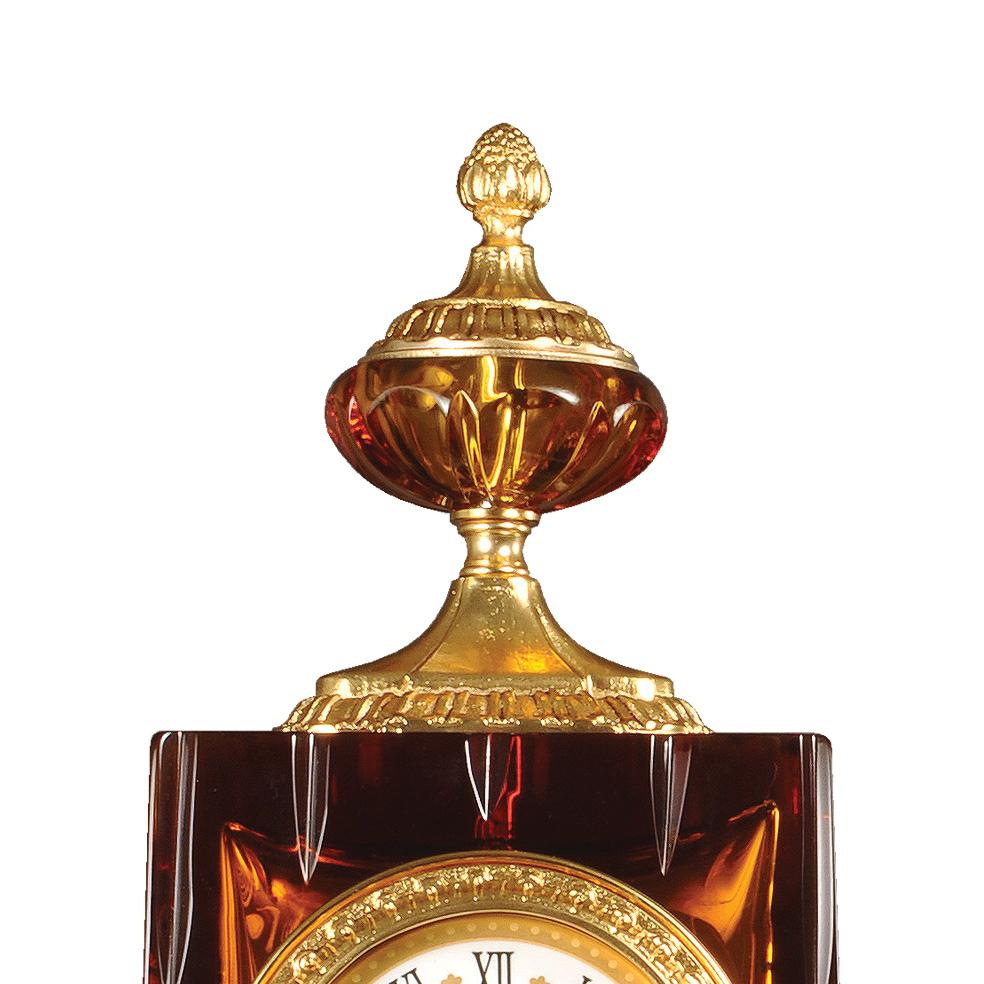 Italian 21st Century, Hand Carved Amber Crystal and golden Bronze Clock For Sale