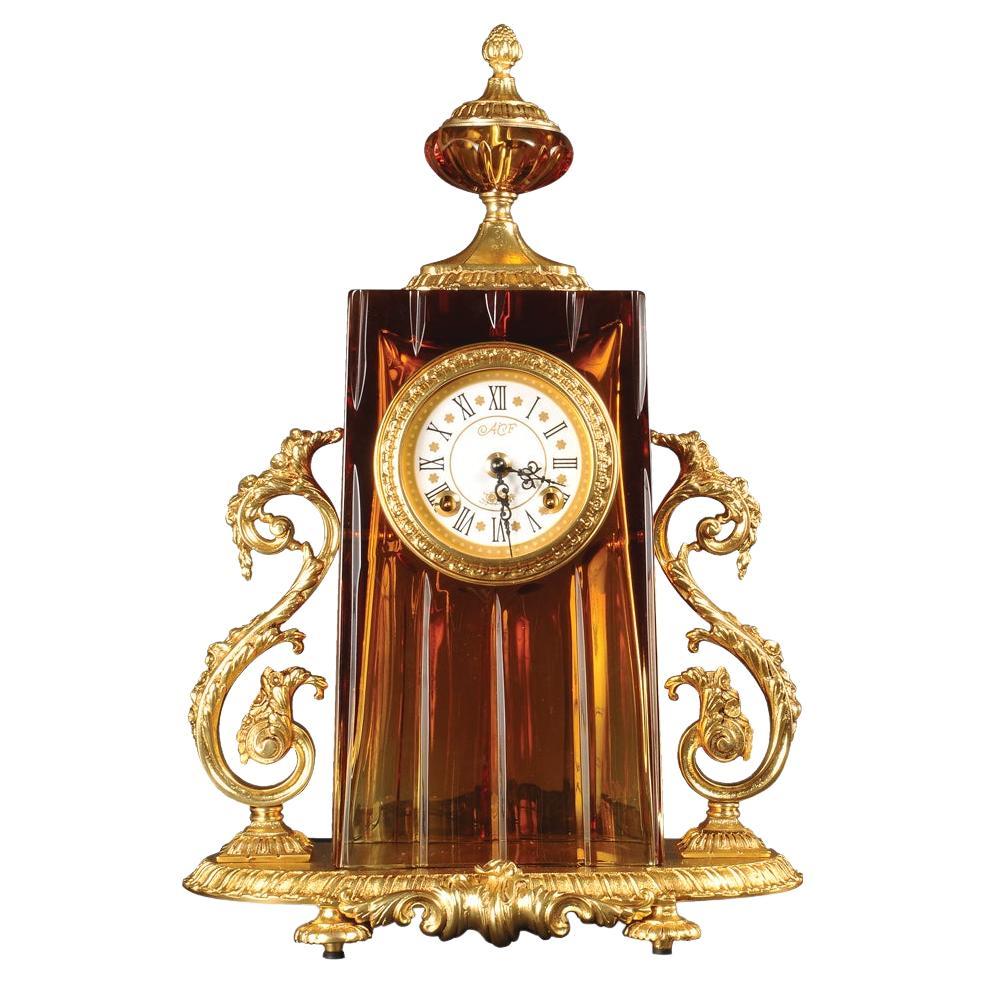 21st Century, Hand Carved Amber Crystal and golden Bronze Clock