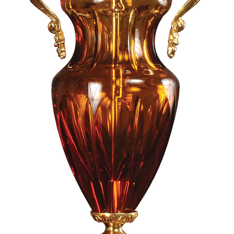 Italian 21st Century, Hand-Carved  Amber  Crystal and Golden Bronze Vase For Sale