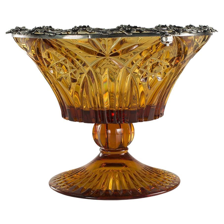 21st Century, Hand-Carved Amber Crystal and Silver Bowl in Classic Style For Sale