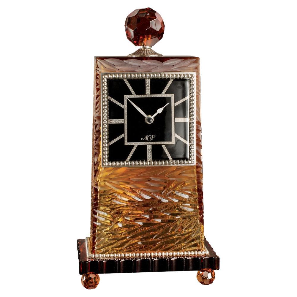 21st Century, Hand Carved Ambert Crystal and Silver Bronze Clock For Sale