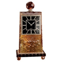 21st Century, Hand Carved Ambert Crystal and Silver Bronze Clock