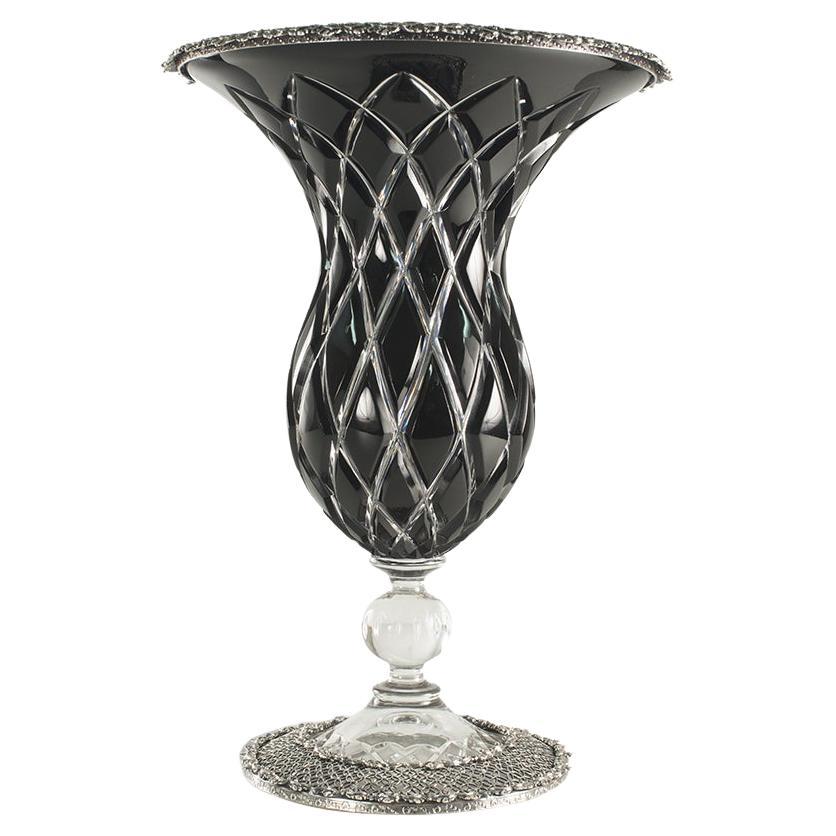 21st Century, Hand-Carved Black and Clear Crystal Vase in Classic Style