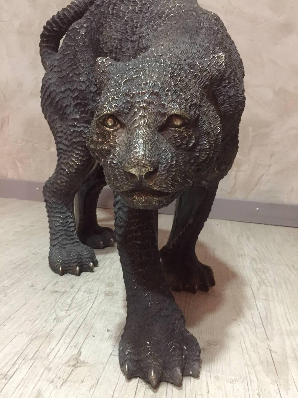 French 21st Century Hand-Carved Black Bronze Panther Sculpture