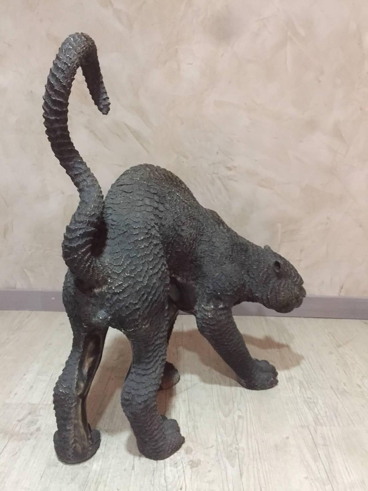 Contemporary 21st Century Hand-Carved Black Bronze Panther Sculpture