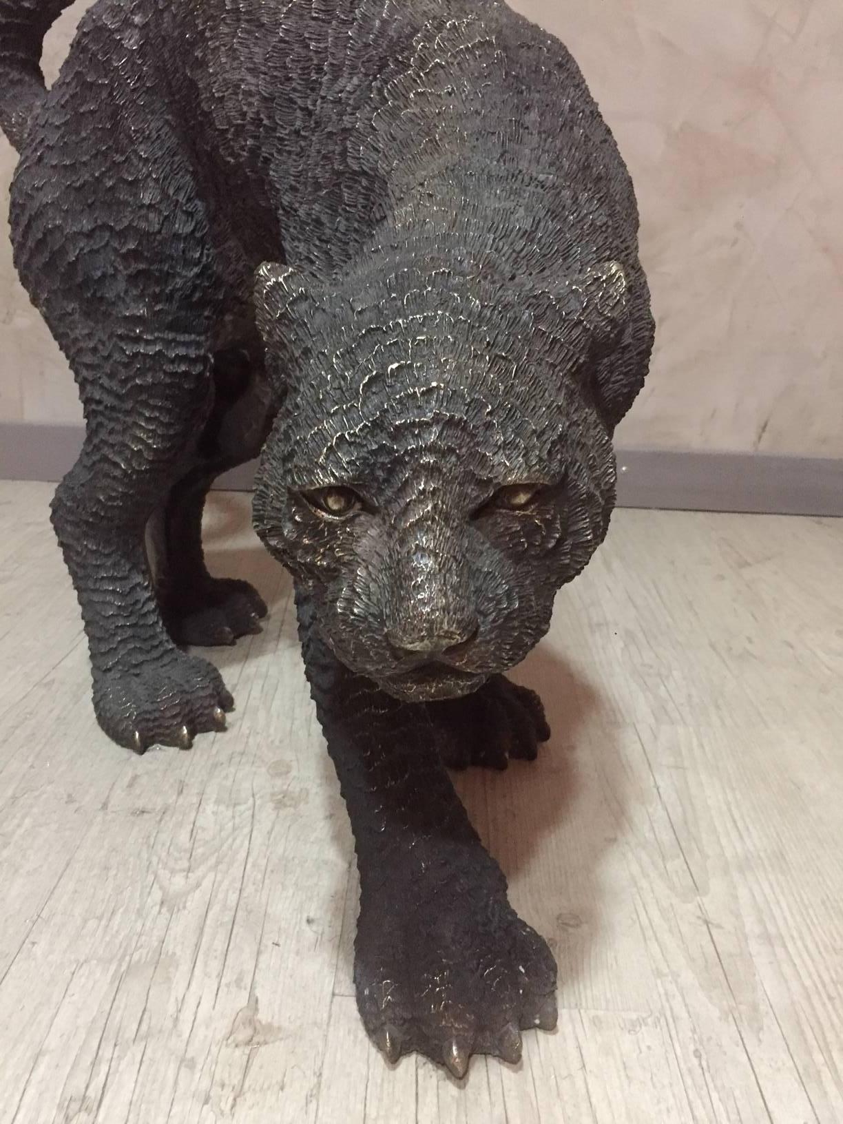 21st Century Hand-Carved Black Bronze Panther Sculpture 1
