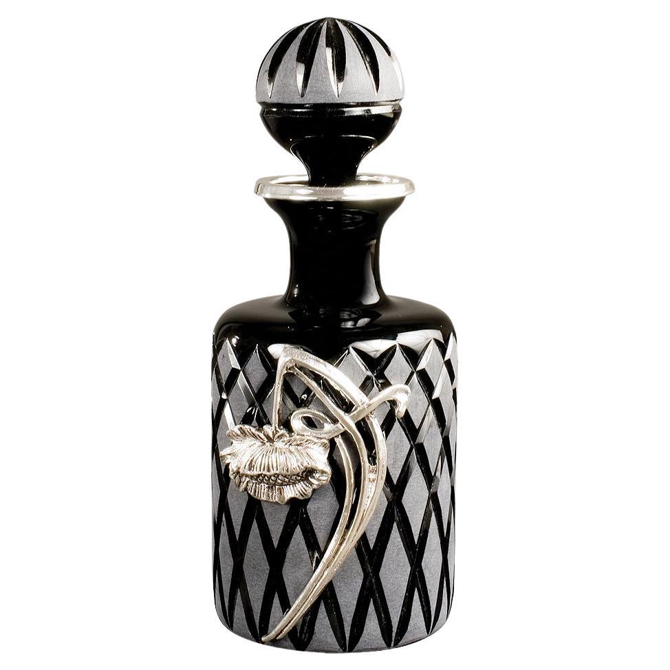 21st Century, Hand Carved black Crystal and silver Bronze  bottle