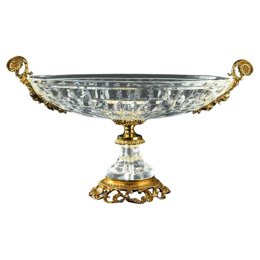 21st Century Hand-Carved Clear Crystal and Golden Bronze Bowl For Sale