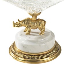 21st Century, Hand-Carved Clear Crystal and Golden Bronze Bowl with Rhinoceros