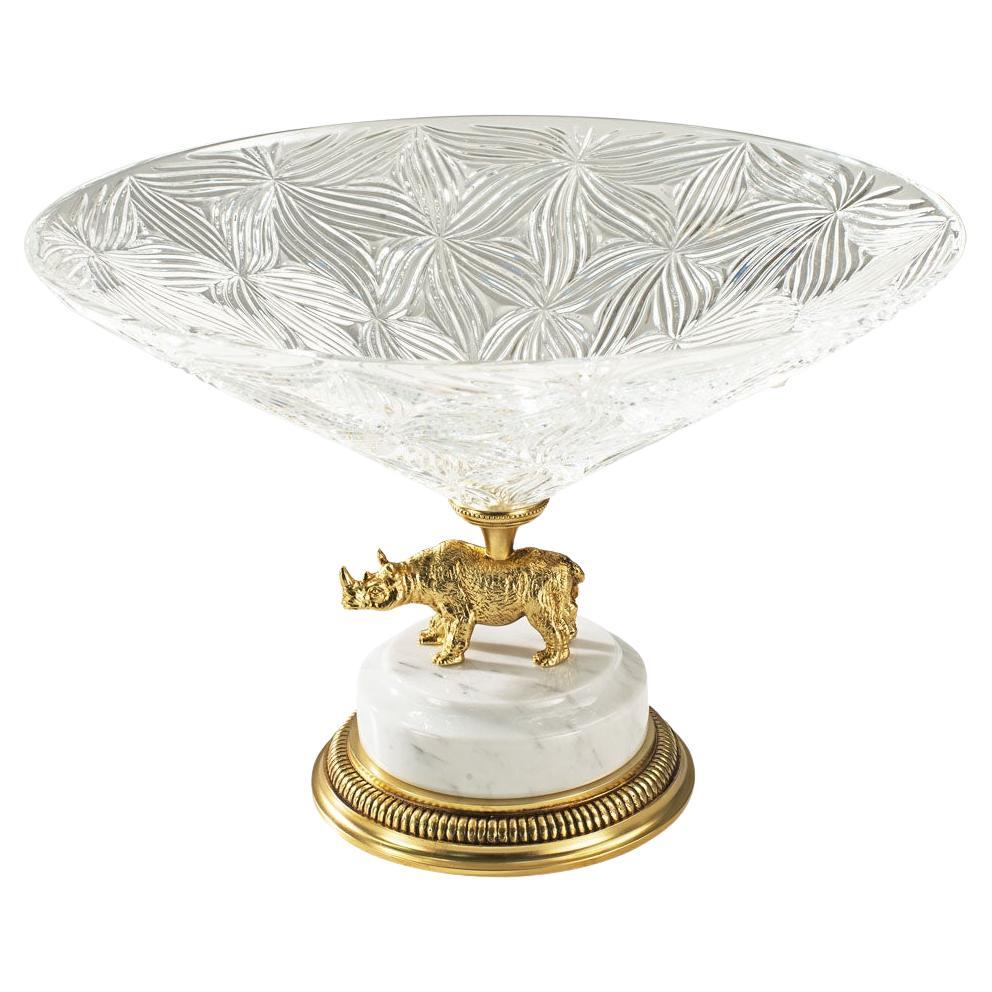 21st Century, Hand-Carved Clear Crystal and Golden Bronze Bowl with Rhinoceros For Sale