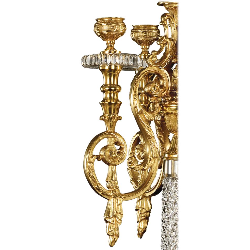 Louis XVI 21st Century, Hand Carved Clear Crystal and Golden Bronze Candelabra For Sale