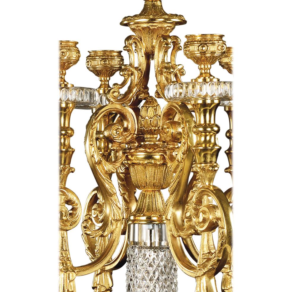 Italian 21st Century, Hand Carved Clear Crystal and Golden Bronze Candelabra For Sale