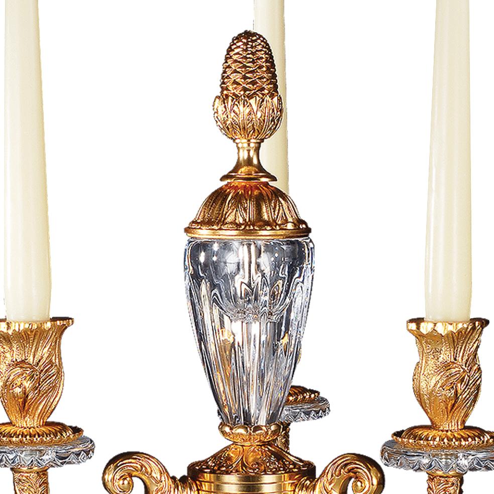Italian 21st Century, Hand Carved Clear Crystal and Golden Bronze Candelabra For Sale