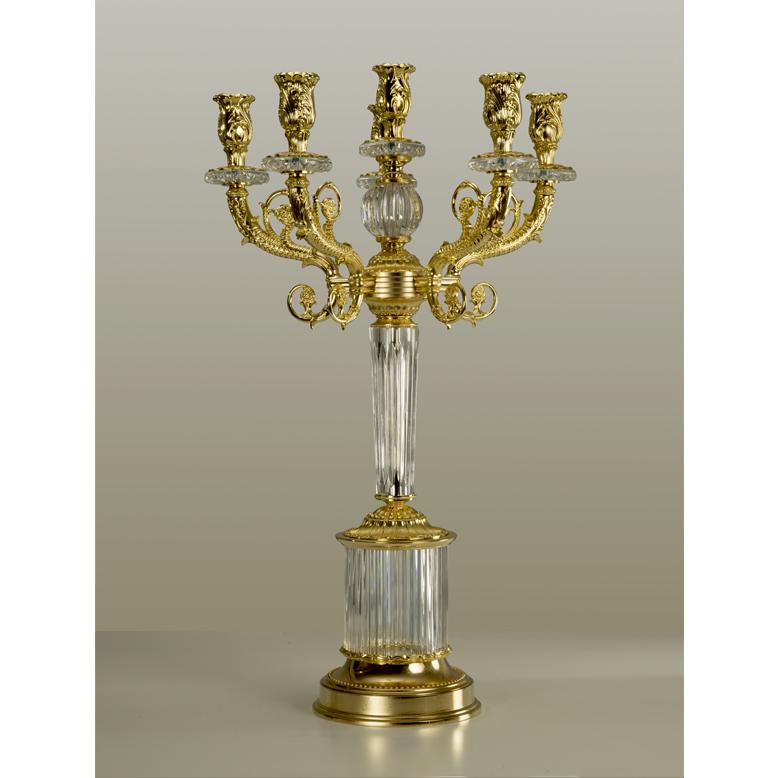 Siglo XXI, Candelabro de Cristal Transparente y Bronce Dorado Tallado a Mano Italiano en venta