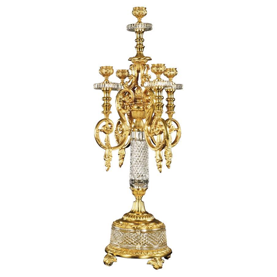 21st Century, Hand Carved Clear Crystal and Golden Bronze Candelabra For Sale