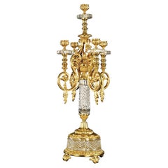 21st Century, Hand-Carved Clear Crystal and Golden Bronze candelabra 