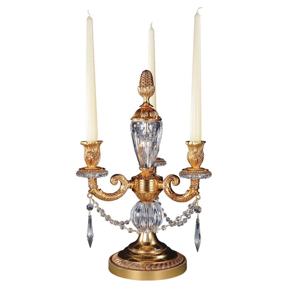 21st Century, Hand Carved Clear Crystal and Golden Bronze Candelabra For Sale