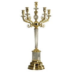 21st Century, Hand Carved Clear crystal and Golden Bronze Candelabra