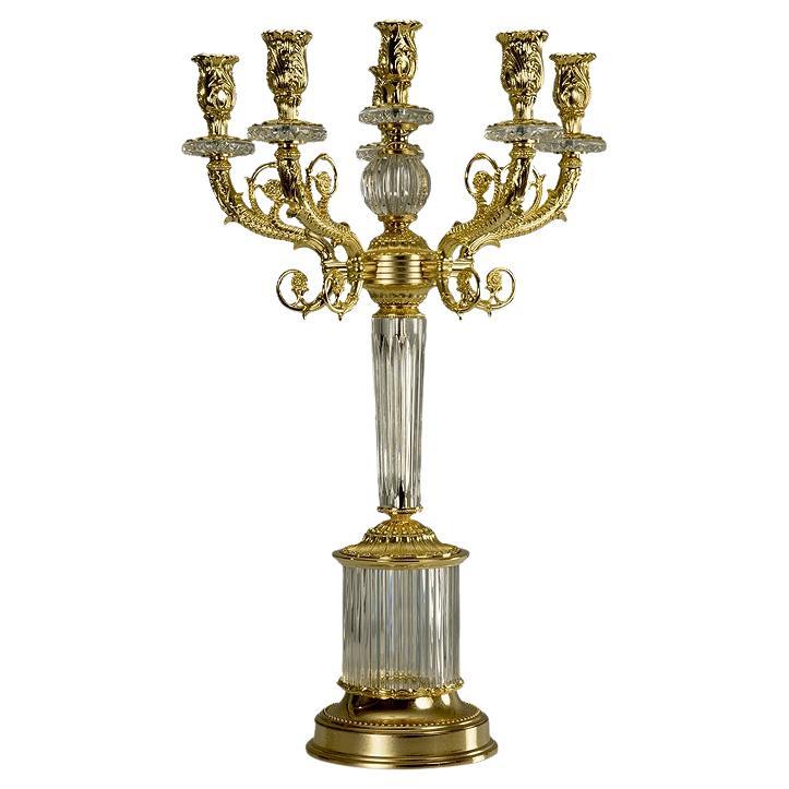 21st Century, Hand Carved Clear crystal and Golden Bronze Candelabra