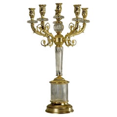 Candelabro del 21° secolo, intagliato a mano in cristallo trasparente e bronzo dorato