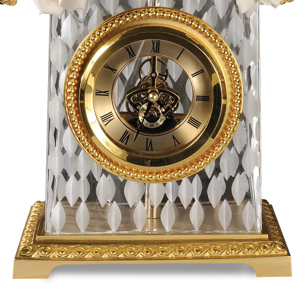 21st century Hand carved clear crystal, golden bronze clock and 