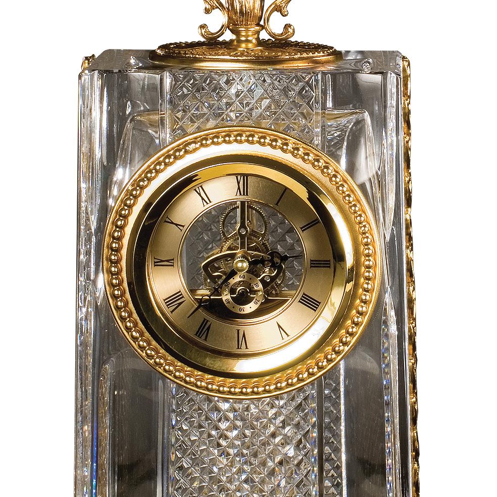 Louis XVI 21st Century, Hand Carved Clear Crystal and golden Bronze Clock For Sale