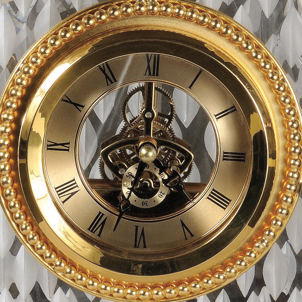Louis XVI 21st Century, Hand Carved Clear Crystal and golden Bronze Clock For Sale