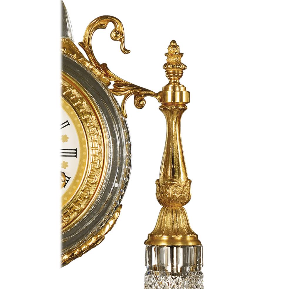 Italian 21st Century, Hand Carved Clear Crystal and Golden Bronze Clock  For Sale