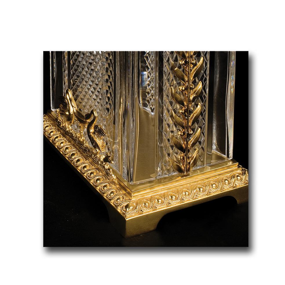 Hand-Carved 21st Century, Hand Carved Clear Crystal and golden Bronze Clock For Sale