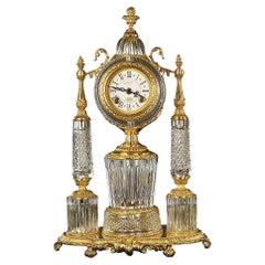 21st Century, Hand Carved Clear Crystal and Golden Bronze Clock 