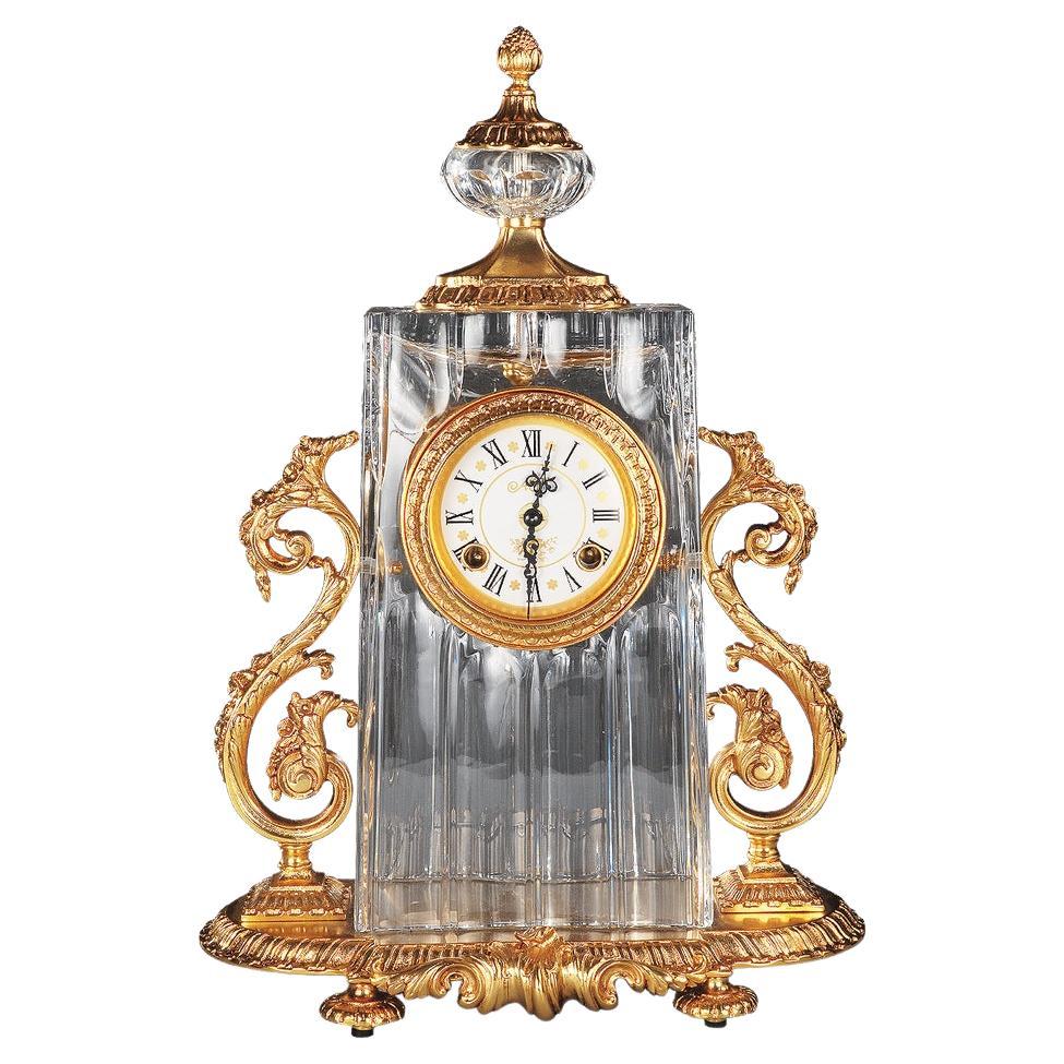 21st Century, Hand Carved Clear Crystal and golden Bronze Clock For Sale