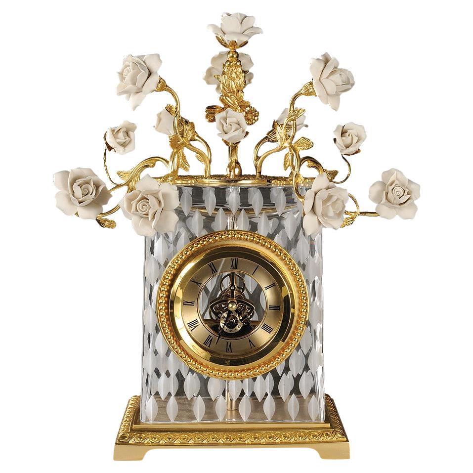 21st Century, Hand Carved Clear Crystal and golden Bronze Clock For Sale