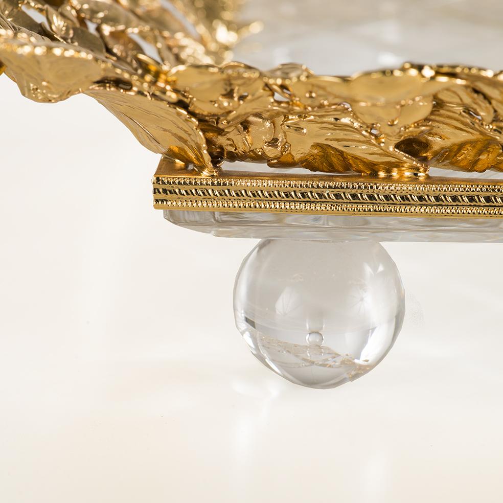 Louis XVI 21st Century, Hand-Carved Clear Crystal and Golden Bronze Tray in Classic Style For Sale