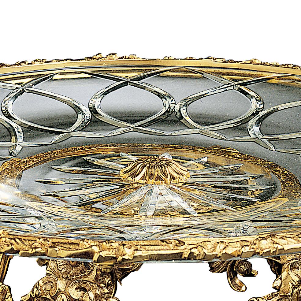 Art Nouveau 21st Century, Hand-Carved Clear Crystal and Golden Bronze Tray in Classic Style For Sale