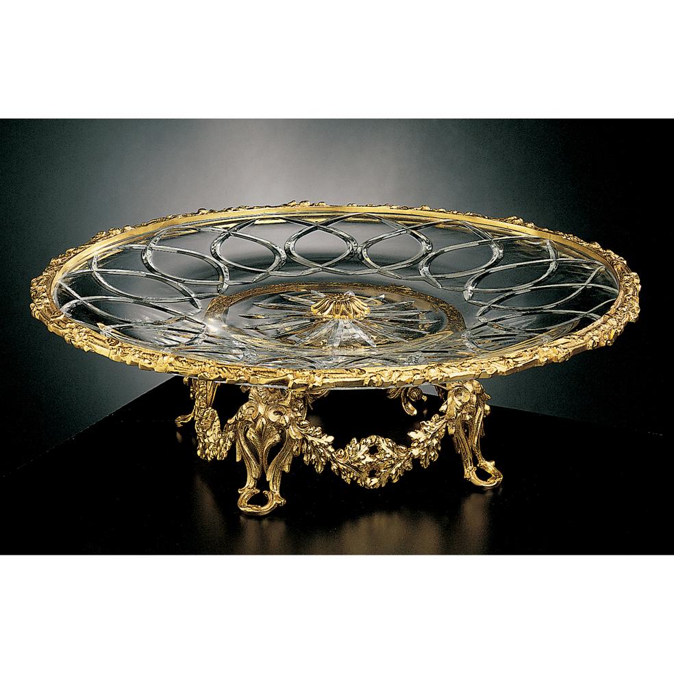 Italian 21st Century, Hand-Carved Clear Crystal and Golden Bronze Tray in Classic Style For Sale