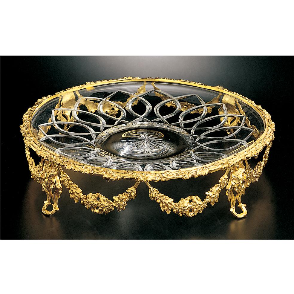 Italian 21st Century, Hand-Carved Clear Crystal and Golden Bronze Tray in Classic Style For Sale
