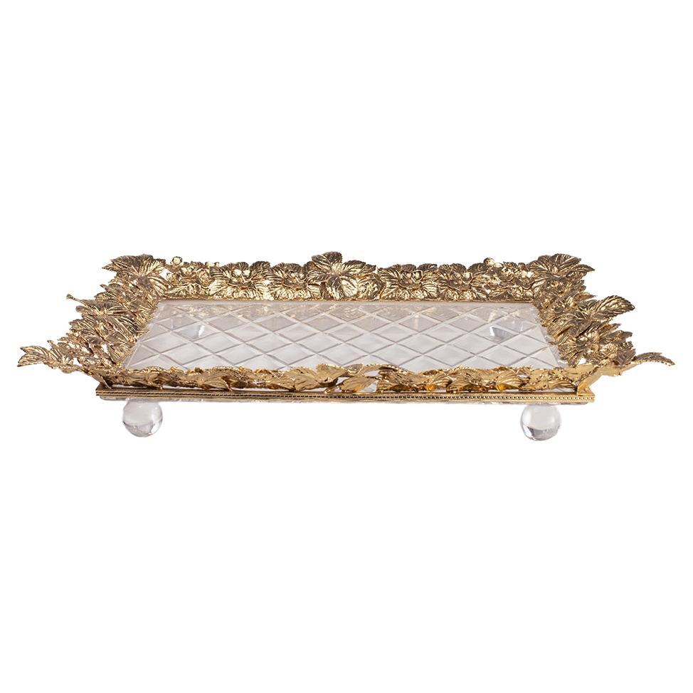 Plateau en cristal transparent et bronze doré sculpté à la main du 21e siècle de style classique