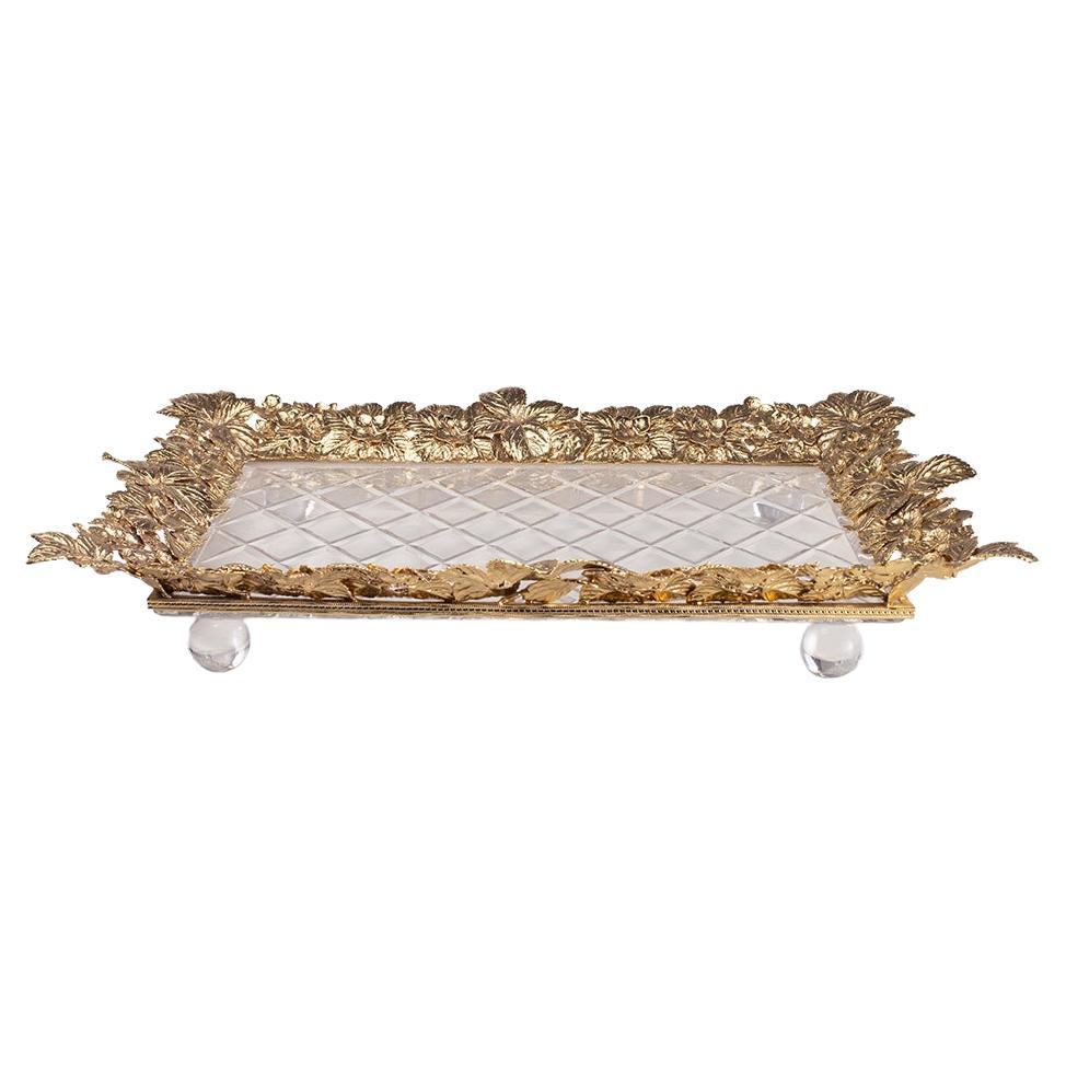 21st Century, Hand-Carved Clear Crystal and Golden Bronze Tray in Classic Style For Sale