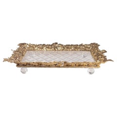 21st Century, Hand-Carved Clear Crystal and Golden Bronze Tray in Classic Style