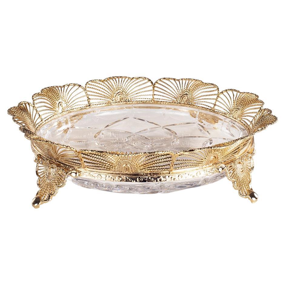 21st Century, Hand-Carved Clear Crystal and Golden Bronze Tray in Classic Style For Sale
