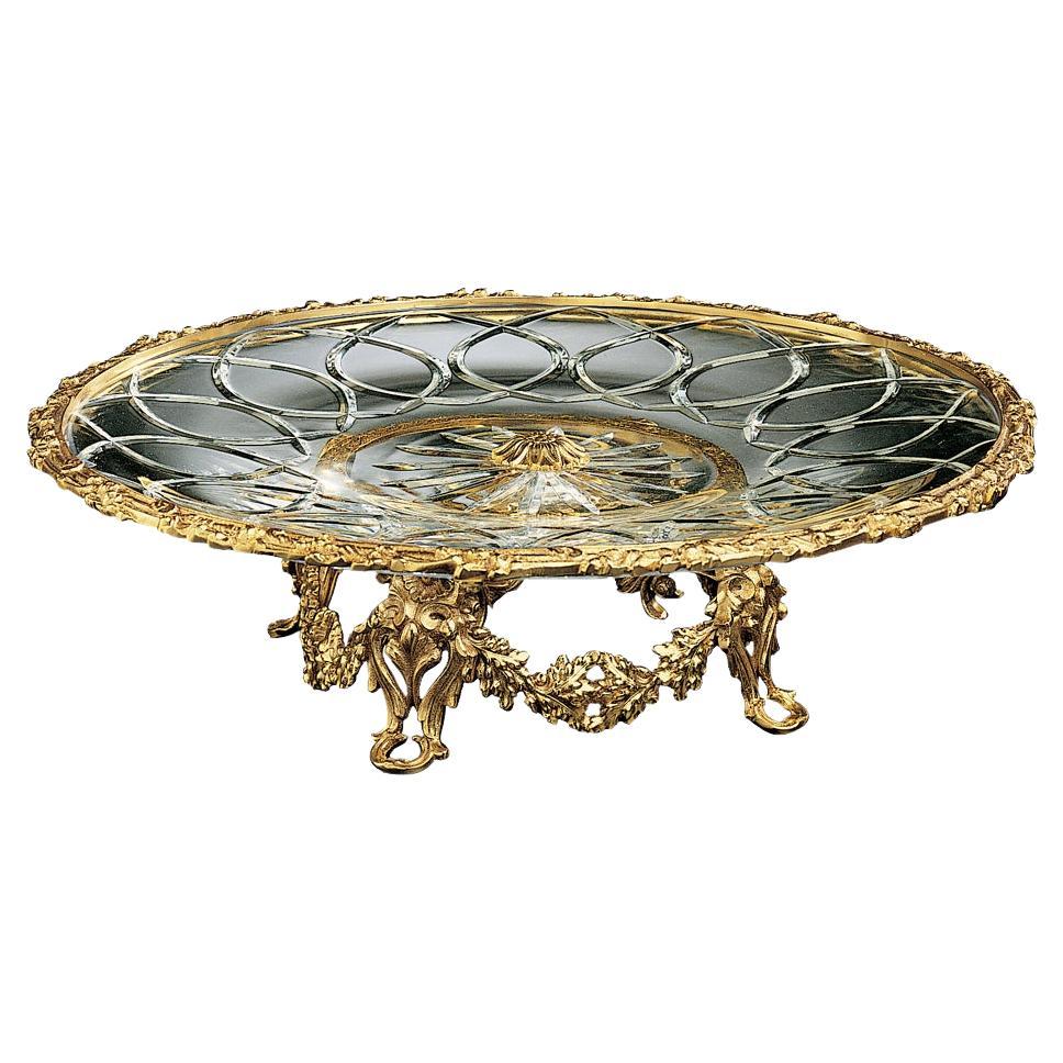 21st Century, Hand-Carved Clear Crystal and Golden Bronze Tray in Classic Style